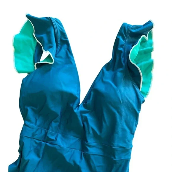 Summersalt The Ruffle Backflip One Piece Swimsuit Teal Blue Green Womens 4LT - Picture 4 of 5